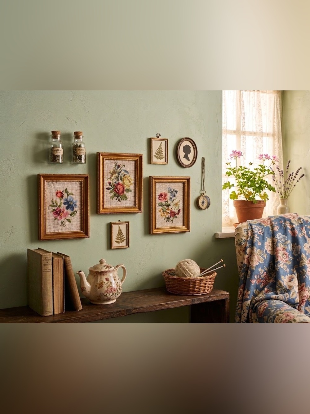 Antique Gold Framed Floral Needlepoint Wall Art - Multi